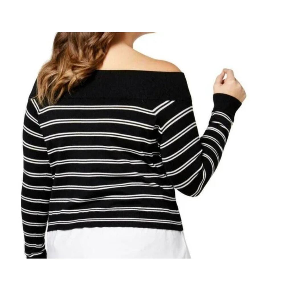 INC International Concepts B/W Striped Off Shoulder Layered Sweater Shirt, Sz L - Picture 9 of 10
